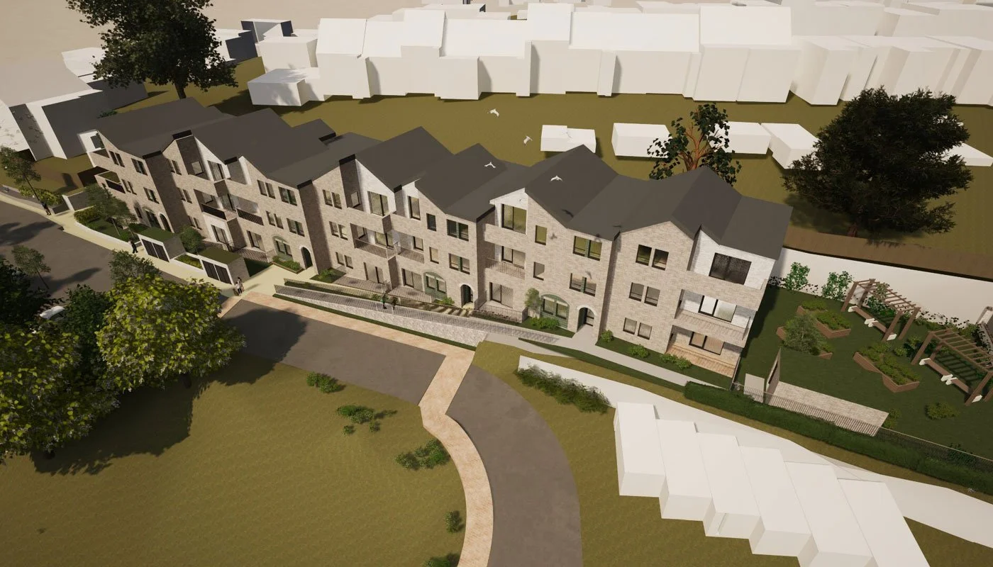 A 3D architectural rendering of a multi-story residential building with balconies, surrounded by trees, pathways, and a garden area.