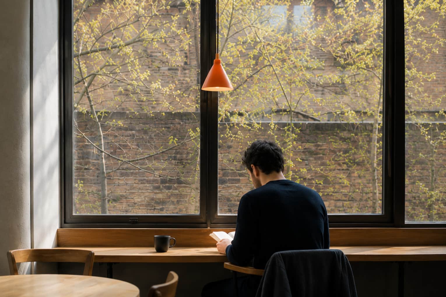 A man quietly reading a book sat at the far end of a room with wide windows in front of him looking out onto a wall and trees – an orange pendant lamp hangs above his head