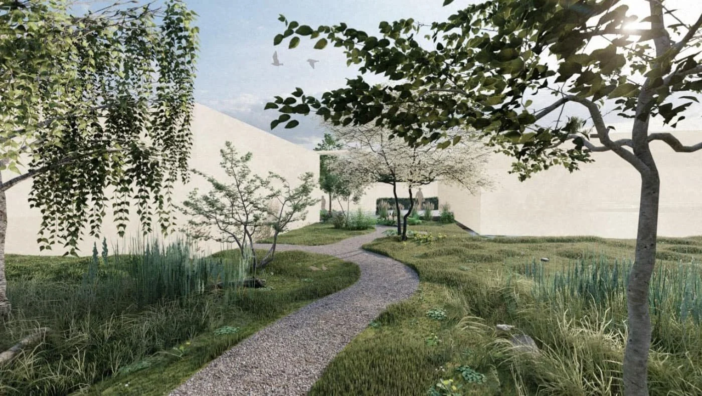 A peaceful garden with a winding gravel path, surrounded by green grass and various trees, enclosed by white walls, with the sun shining and birds flying in the sky.