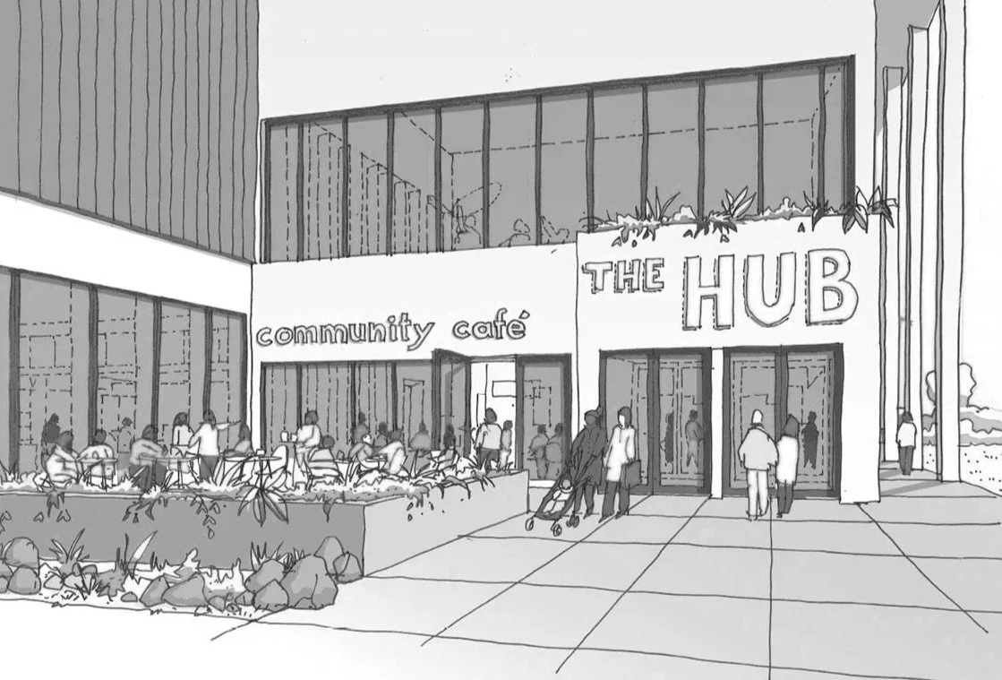 People gathered outside a community cafe named 'The Hub' with outdoor seating and plants, in a modern building with large glass windows.