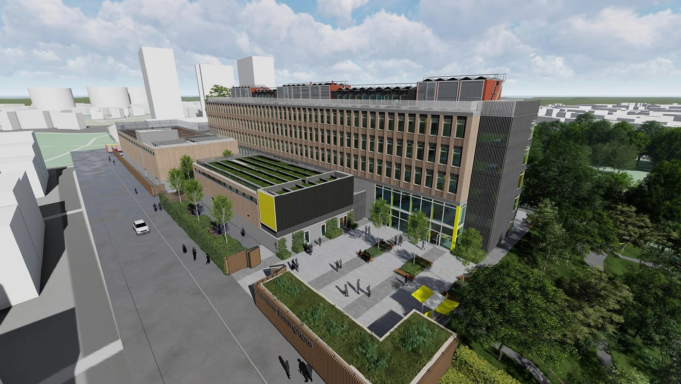 A computer-generated rendering of a modern multi-story building with an outdoor courtyard, trees, and people walking nearby in an urban setting.