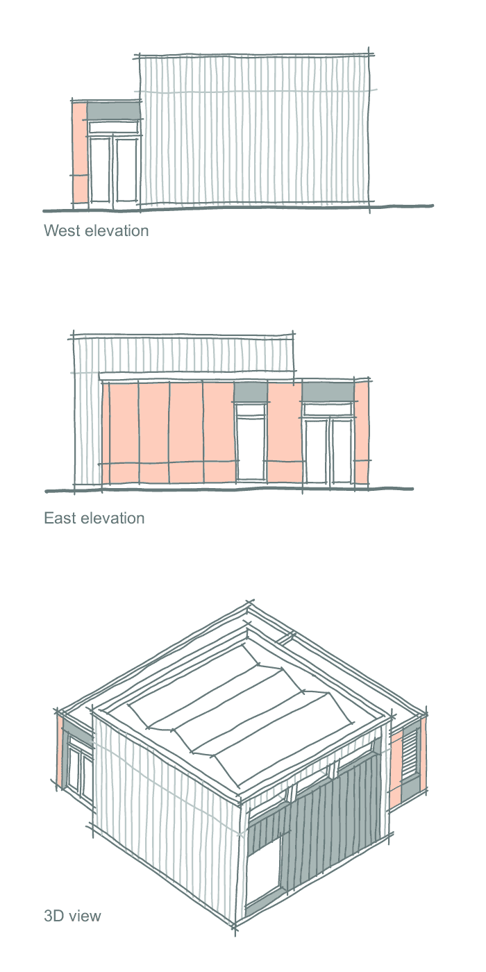 Architectural drawings of a building's west and east elevations with a 3D perspective view, showing exterior walls, doors, and roof details.