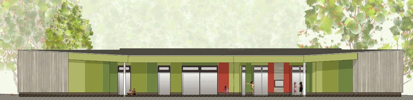 Elevation view Enchanted Wood Nursery, colourful school building with children playing outside, featuring green, red, and grey exterior walls and large windows.