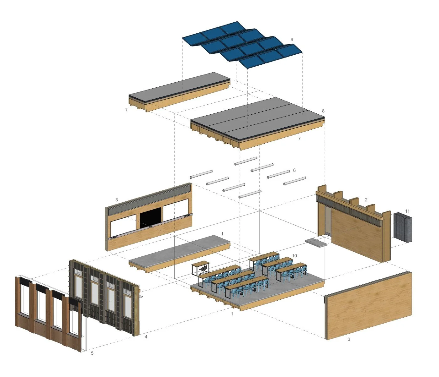 Exploded view of a building interior showing the assembly of walls, furniture, and structural elements.