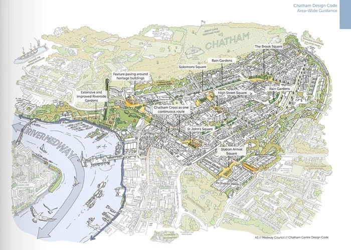 Map of Chatham area highlighting key locations including the River Medway, Riverside Gardens, St. John's Square, High Street Square, and Rain Gardens.