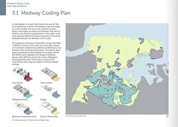 Map of Chatham with coding zones marked by different colors and patterns, showing city center, town center, neighborhood, village, business, industrial, open, and rural areas based on Medway Coding Plan.