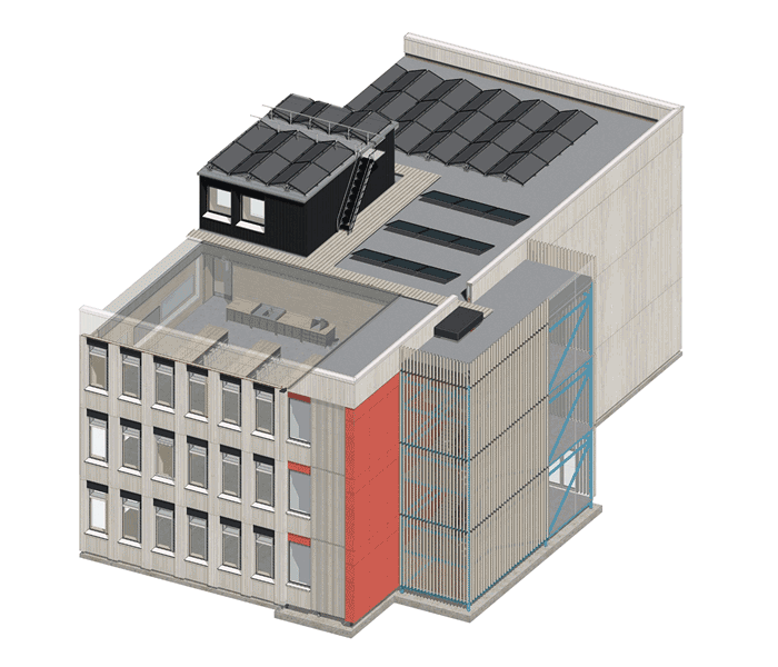 3D illustration of a modern multi-story building with solar panels on the roof, large windows, and a rooftop terrace.