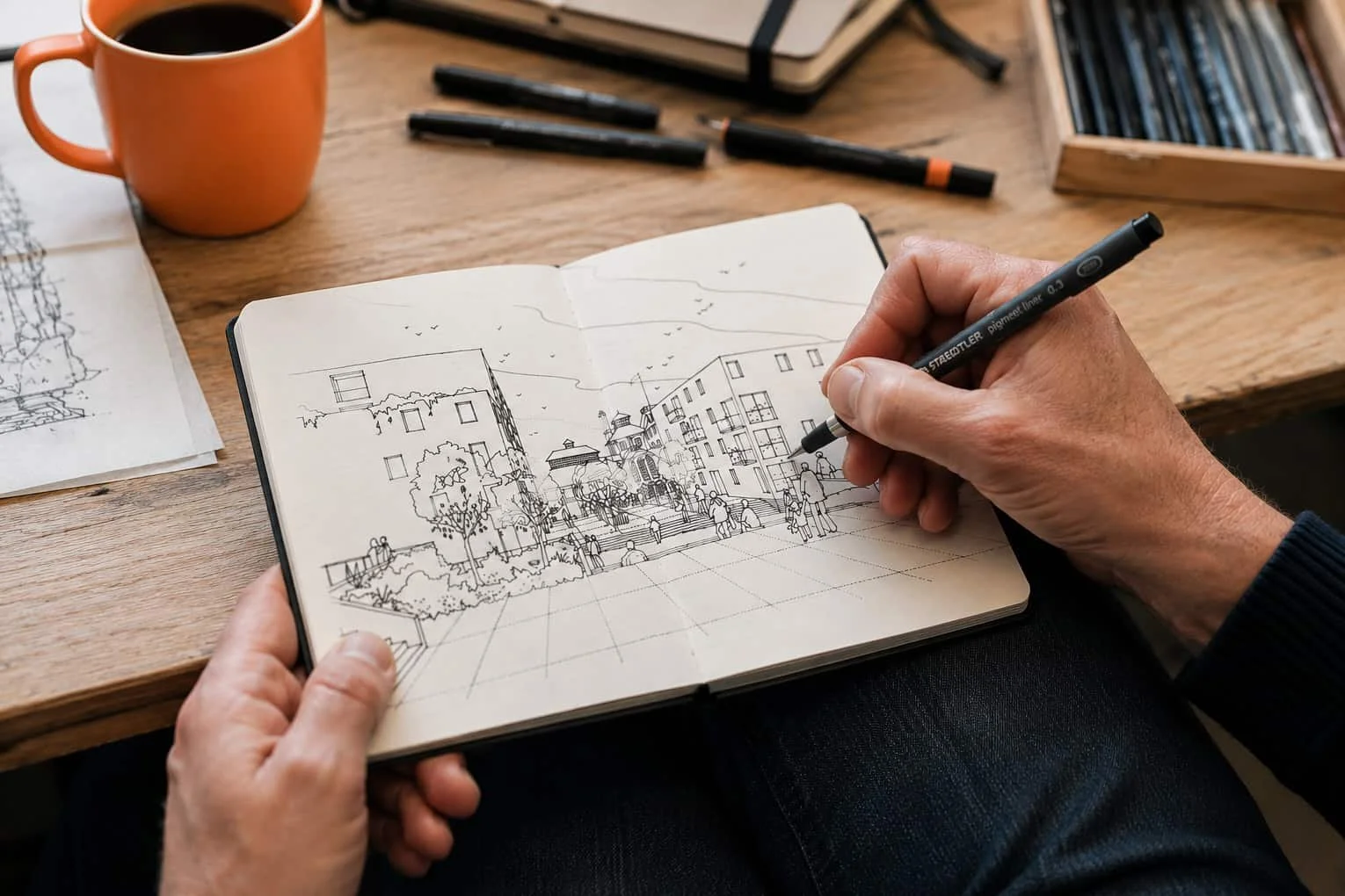 A closeup of John drawing in his sketchbook a building scene mockup with pens around him and a Orange mug of Coffee to his side