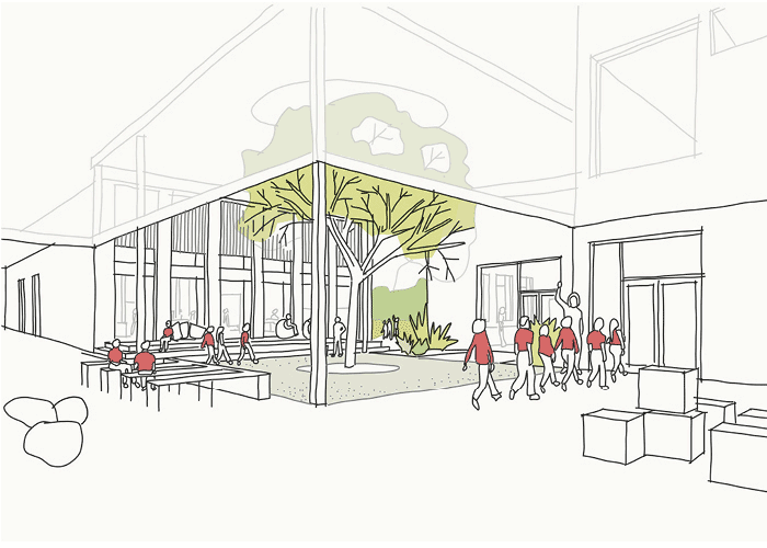Architectural sketch of an outdoor area with a central tree, people walking and sitting, surrounded by buildings with large windows, and outdoor seating.