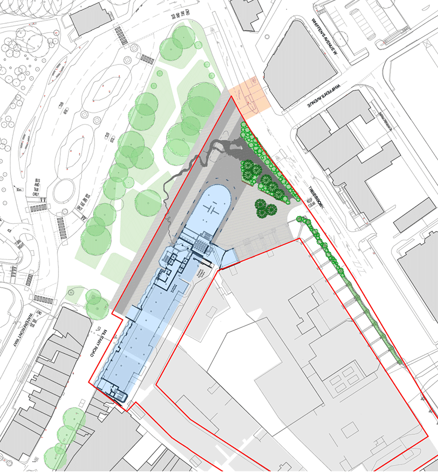 Site plan showing building layout, a swimming pool, green space, and landscaped area with trees and pathways.