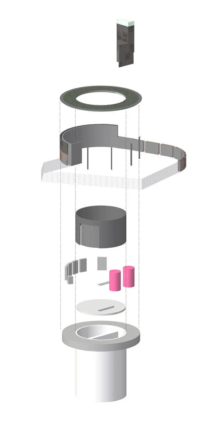 Exploded view of a mechanical device showing various internal components such as rings, cylinders, and structural parts.