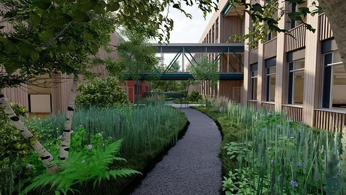 Pathway through a lush, green landscaped area between buildings with a bridge overhead.