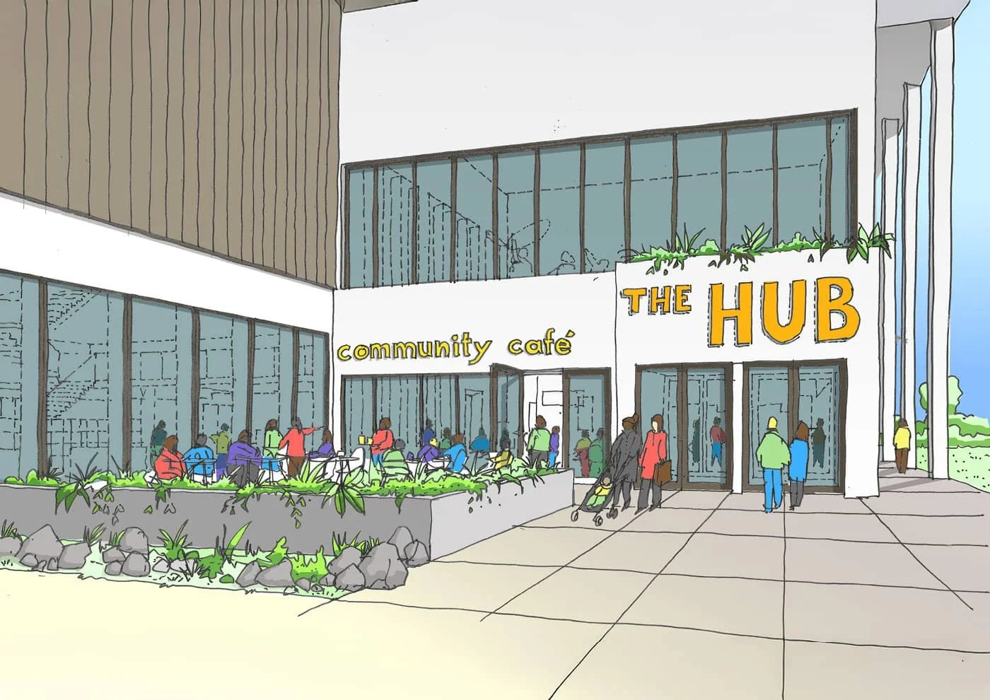 Illustration of a modern community café building named "The Hub" with people sitting outside and entering the café, surrounded by greenery and a clear sky.