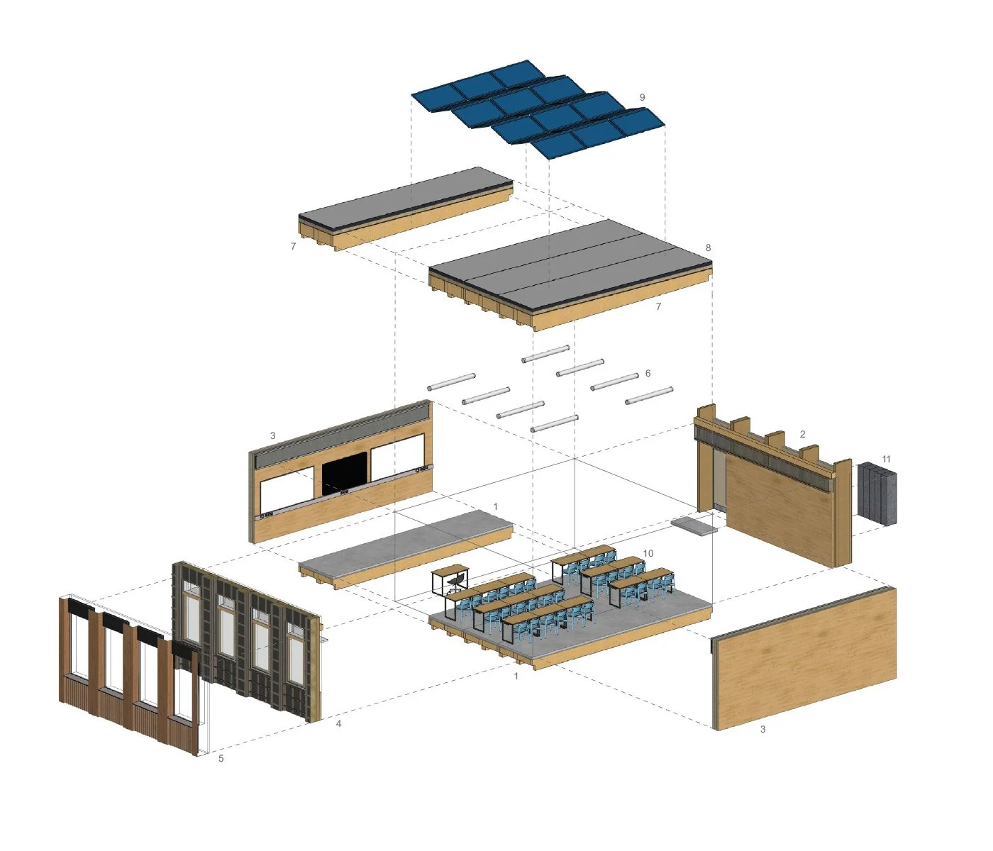 A detailed exploded view of a modular building including solar panels, flooring, walls, furniture, ceiling, and various structural elements.