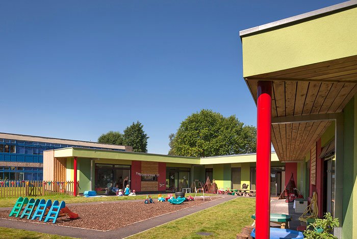 Colorful school or daycare building with outdoor play area, children playing, toys, and green grass under a clear blue sky.