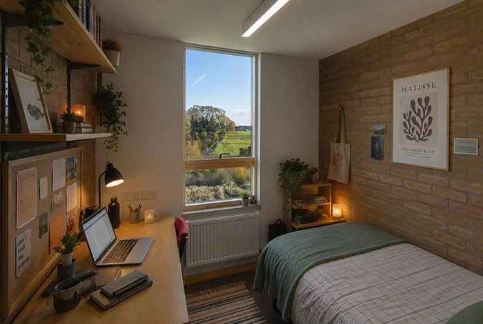 A cozy bedroom with a desk, laptop, and shelves, featuring a large window showing a green outdoor landscape.