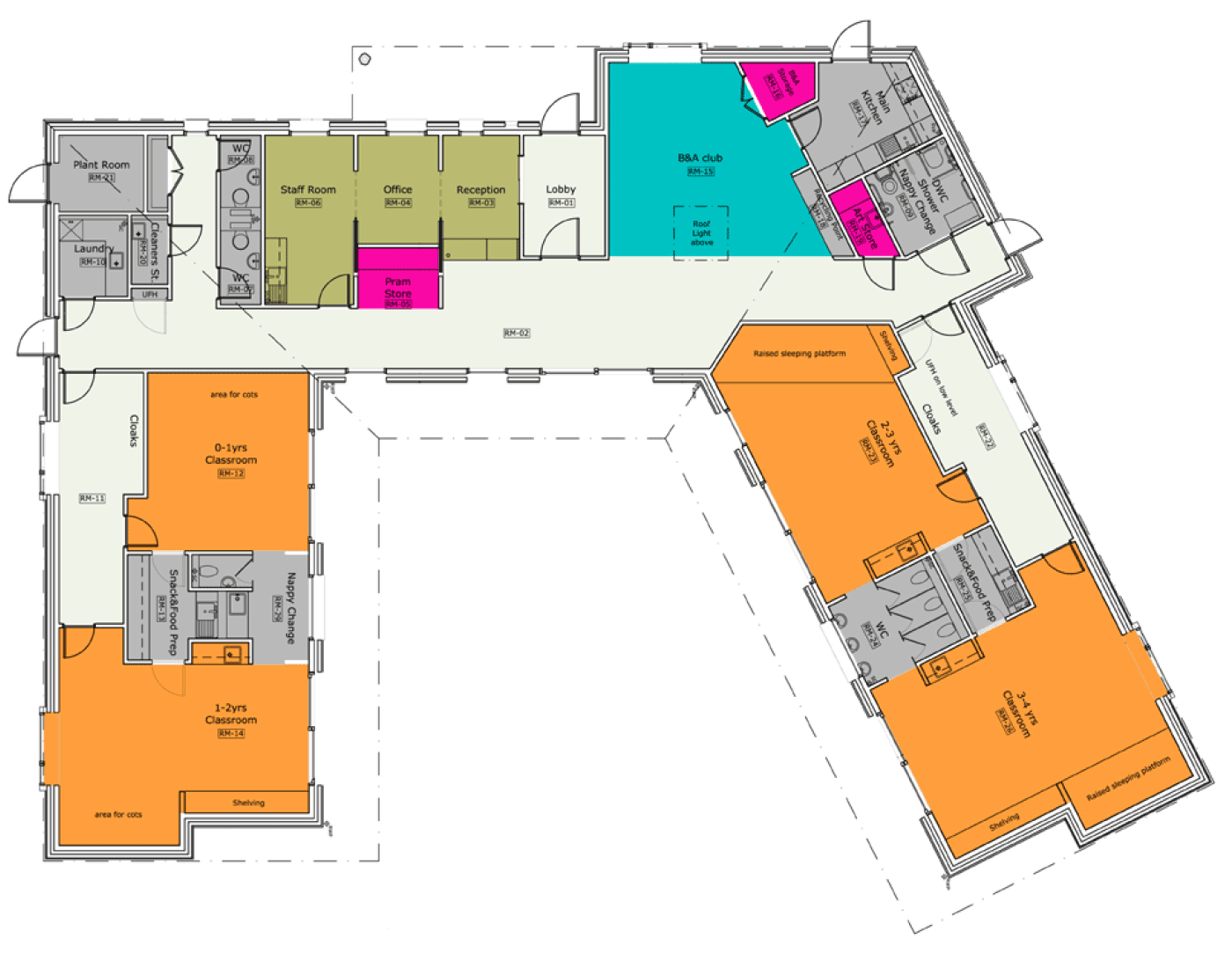 Floor plan of Enchanted Wood Nursery with various rooms labeled for different purposes, including classrooms, nurse station, laundry, staff rooms, offices, lounges, a club area, a kitchen, and sleeping areas with raised platforms and storage.