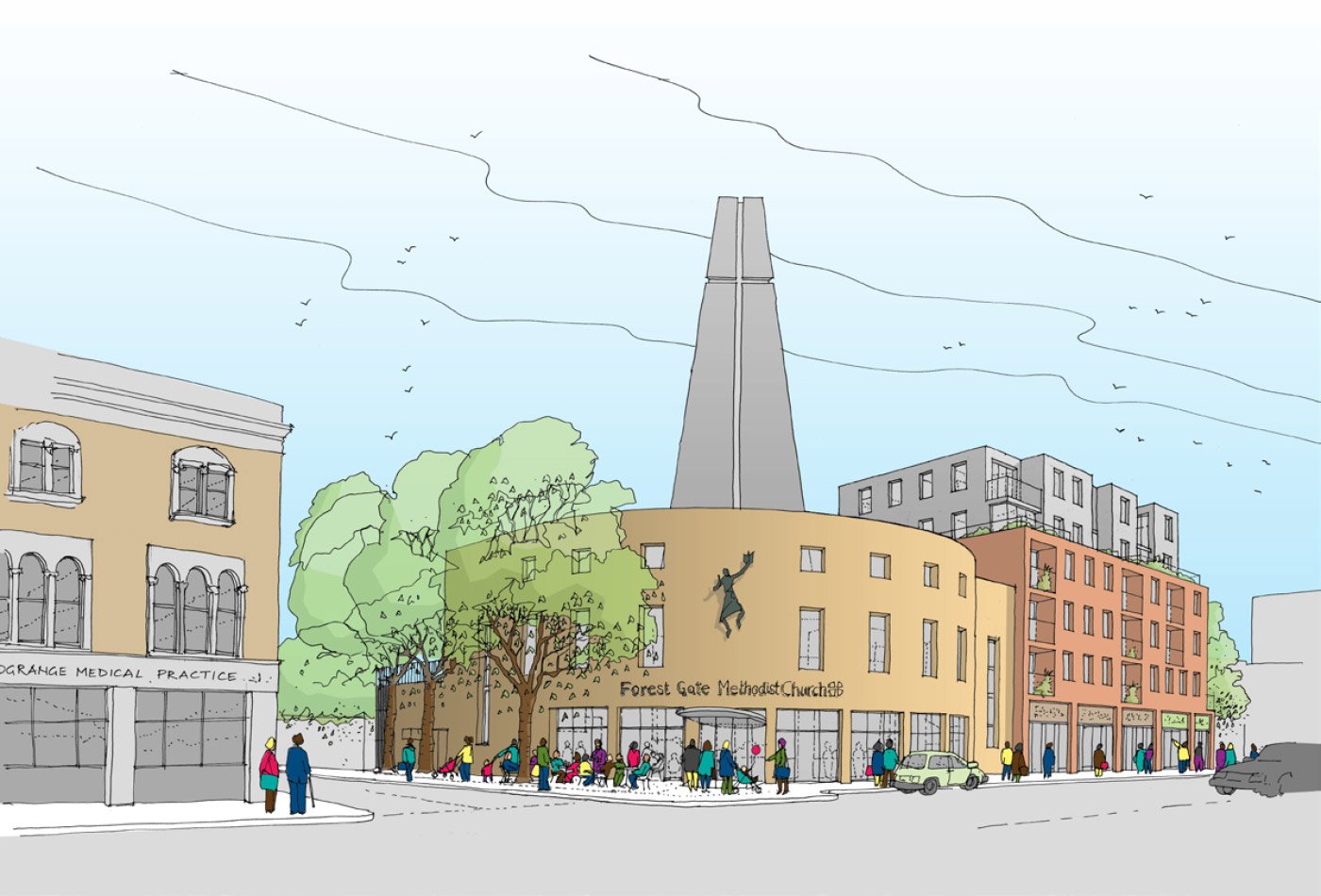 An architect iIllustration of a city street scene with Forest Gate Church in the centre, surrounded by modern buildings, trees, and people walking and sitting outside.