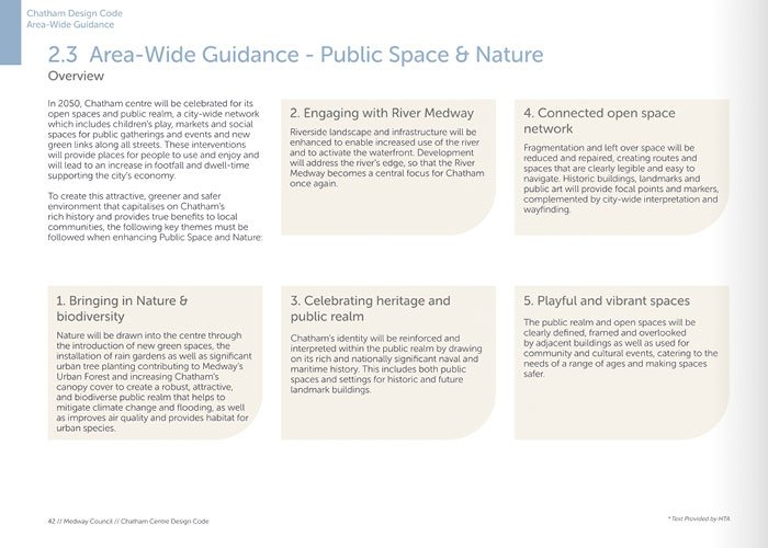 Overview page of Chatham Design Code focusing on public space and nature, highlighting areas such as embracing river medway, connecting open space network, bringing in nature, celebrating heritage, and playful vibrant spaces.