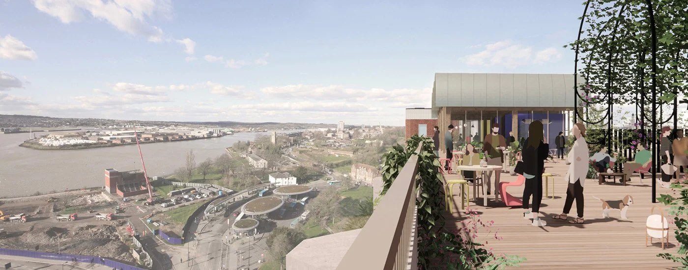 Rooftop patio with people, trees, and views of a river and city skyline in the background during daytime.