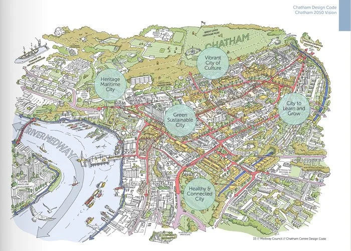 Map of Chatham's urban development plan highlighting areas like Heritage Maritime City, Green Sustainable City, Vibrant City of Culture, City to Learn and Grow, and Healthy & Connected City, with river and transportation routes.