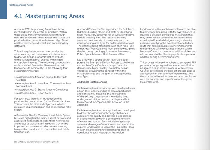 Page from a Masterplanning Areas document discussing strategies for land use and development, including sections on specific masterplanning areas, design principles, and guidelines.