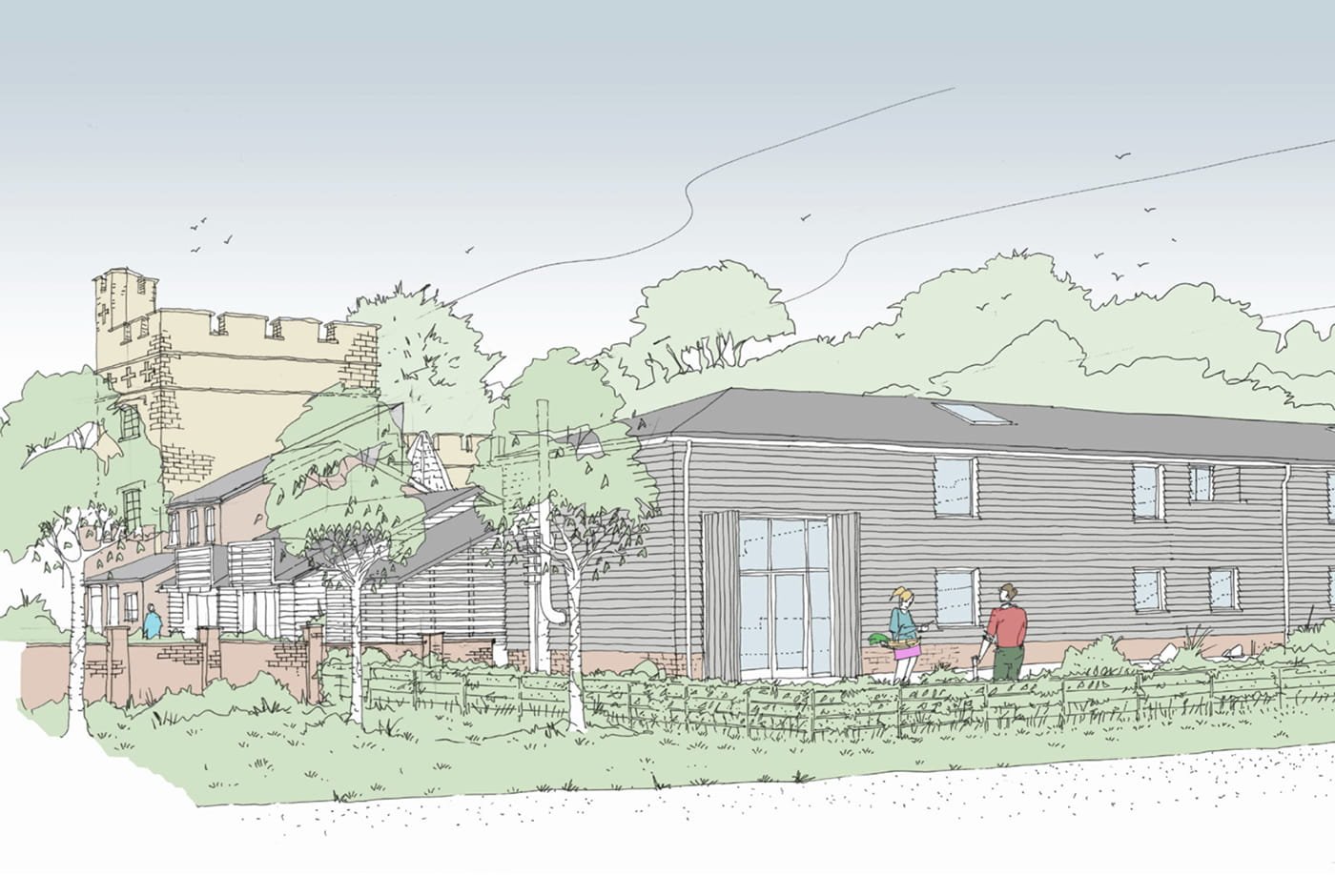 A digital illustration of a residential scene showing a modern black wooden house with large windows, surrounded by trees, a yard with a fence, and a few people walking and standing in the yard. In the background is an older castle-like structure and additional buildings, with a cloudy sky overhead.