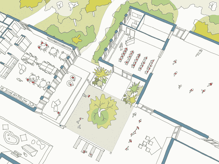 An aerial illustration of a building complex with outdoor and indoor areas, including a courtyard with trees and people walking, dining area with tables and chairs, a large room with rows of chairs, and a recreational or sports area.