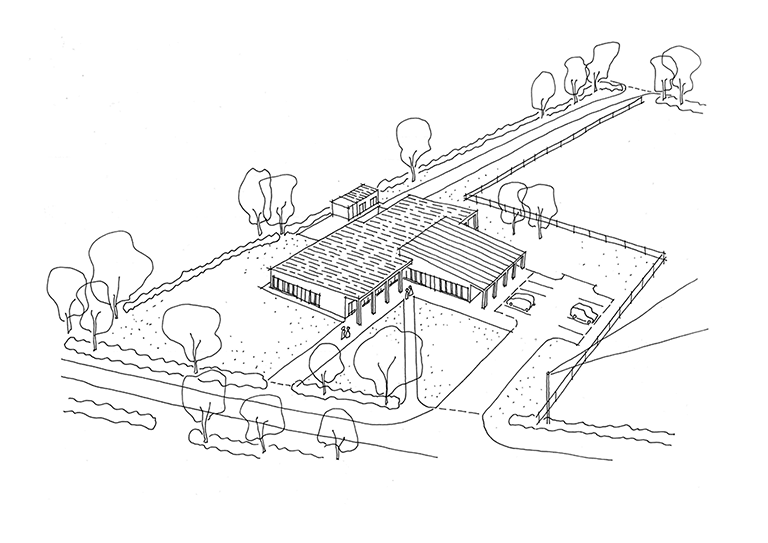 A line drawing of a single-story building with a parking lot, surrounded by trees and a fence, possibly a school or community center.