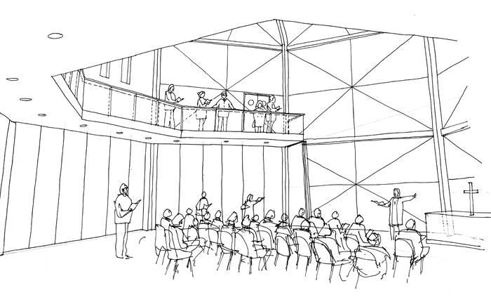 A sketch of a Forest Gate Church interior showing a congregation seated and listening to a preacher at the front. Some people are standing, and there is an upper balcony with additional attendees.