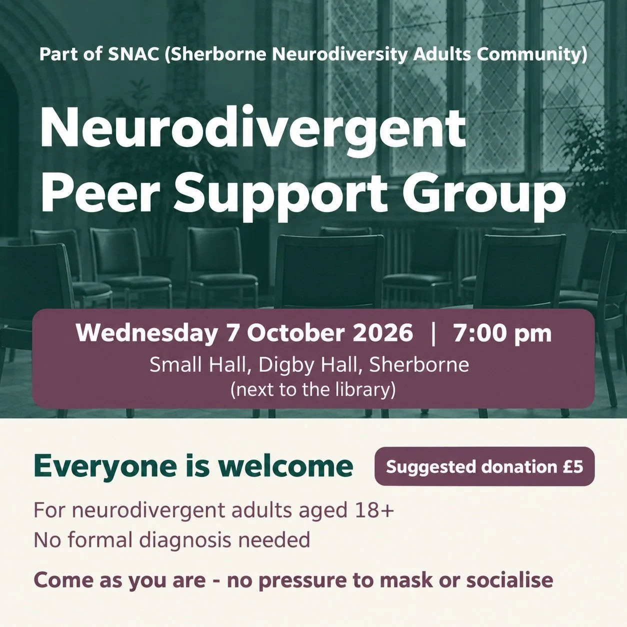SNAC Neurodivergent Peer Support Group now meets every first Wednesday of the month

This is a welcoming, neurodivergent-led space for adults to connect, share experiences and support one another.

What to expect:

&bull; A small, informal group in a