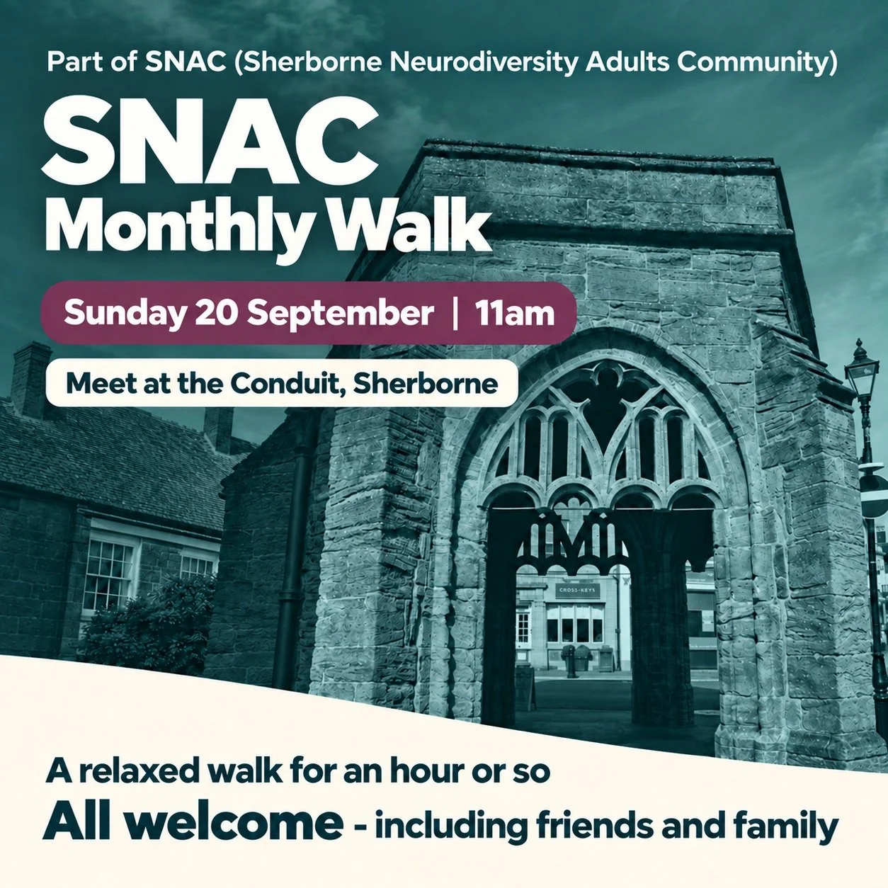 Join us for the next SNAC Monthly Walk in Sherborne.

Our walks are an informal, low-pressure way to connect with other neurodivergent adults while enjoying some time outdoors. We will walk together for around an hour, starting and finishing in centr