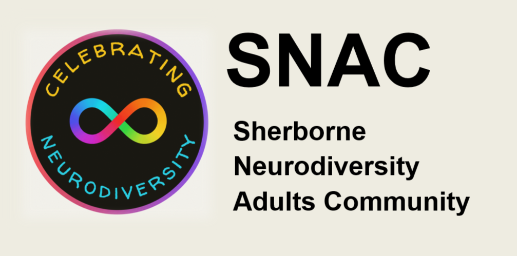 Text: SNAC Sherborne Neurodiversity Adults Community. Logo: a black circle with a rainbow coloured infinity symbol in the centre. Around the edges the text reads Celebrating Neurodiversity
