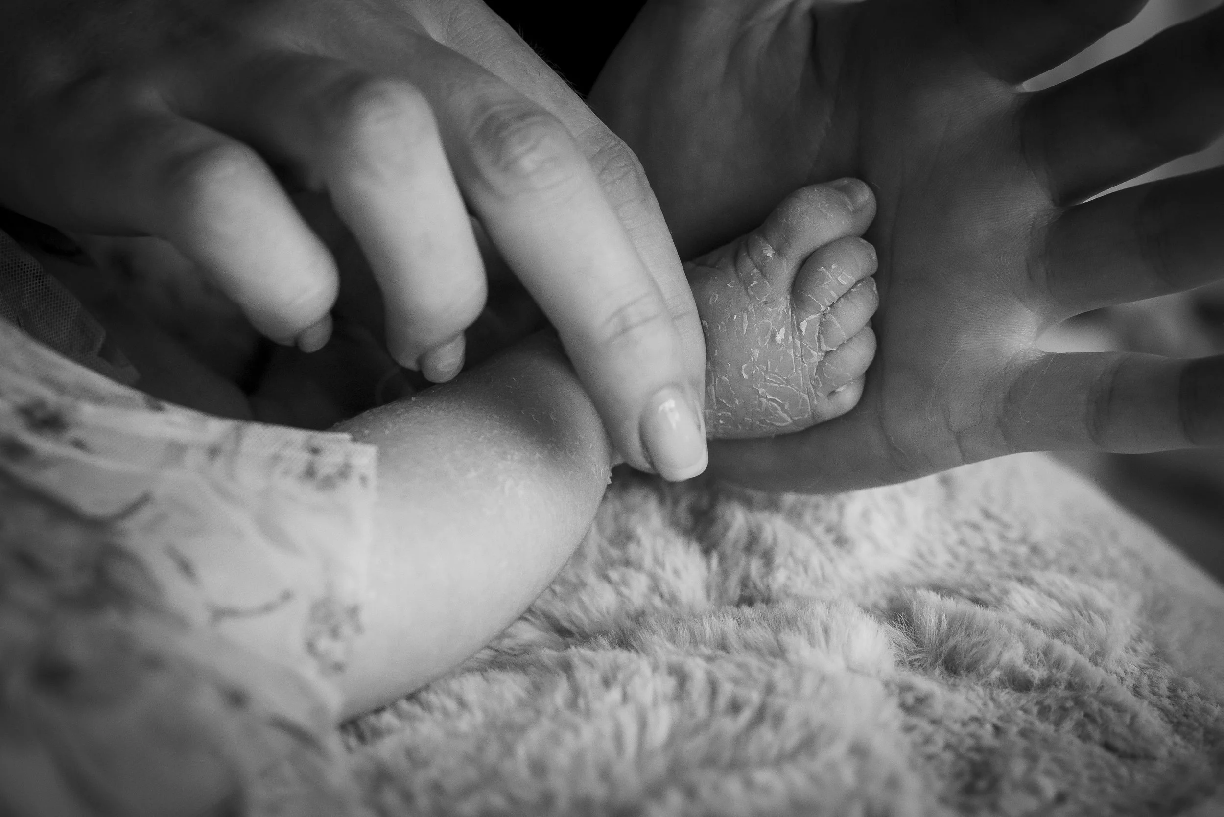 Close-up of an adult's hand holding the tiny foot of a newborn baby showing dry skin and tiny toes.
