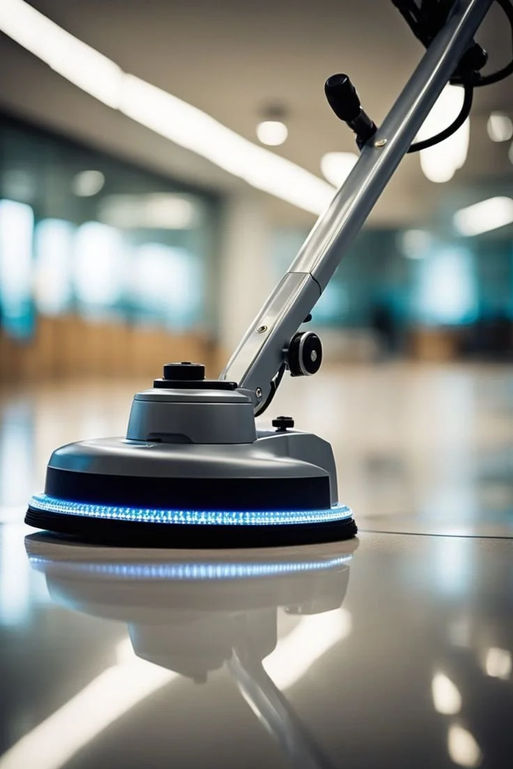 Close-up of a floor cleaning machine in a modern indoor space with blurred background.