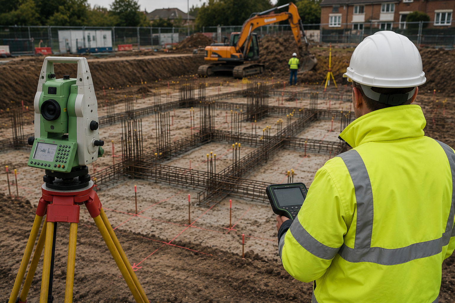 Construction site with an engineer in a yellow safety jacket and white helmet standing next to a green surveying instrument, surveying foundation rebar for a building in progress, with an excavator and workers in the background.