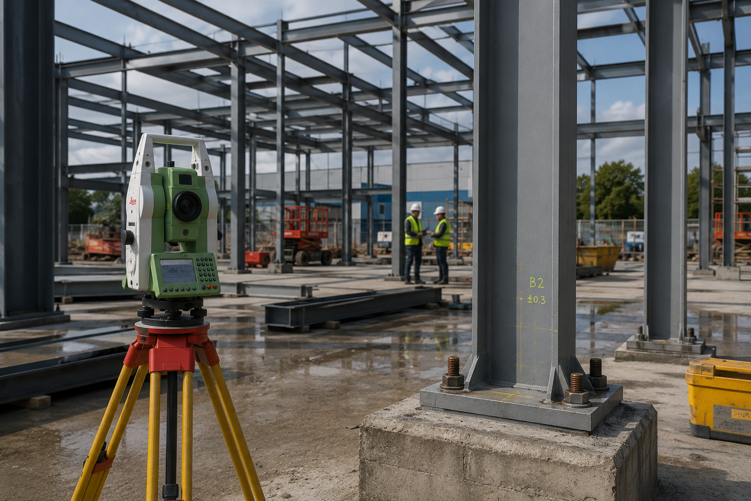 Construction site with steel framework, a green surveying instrument on a yellow tripod in the foreground, and two workers in safety vests and helmets talking in the background.