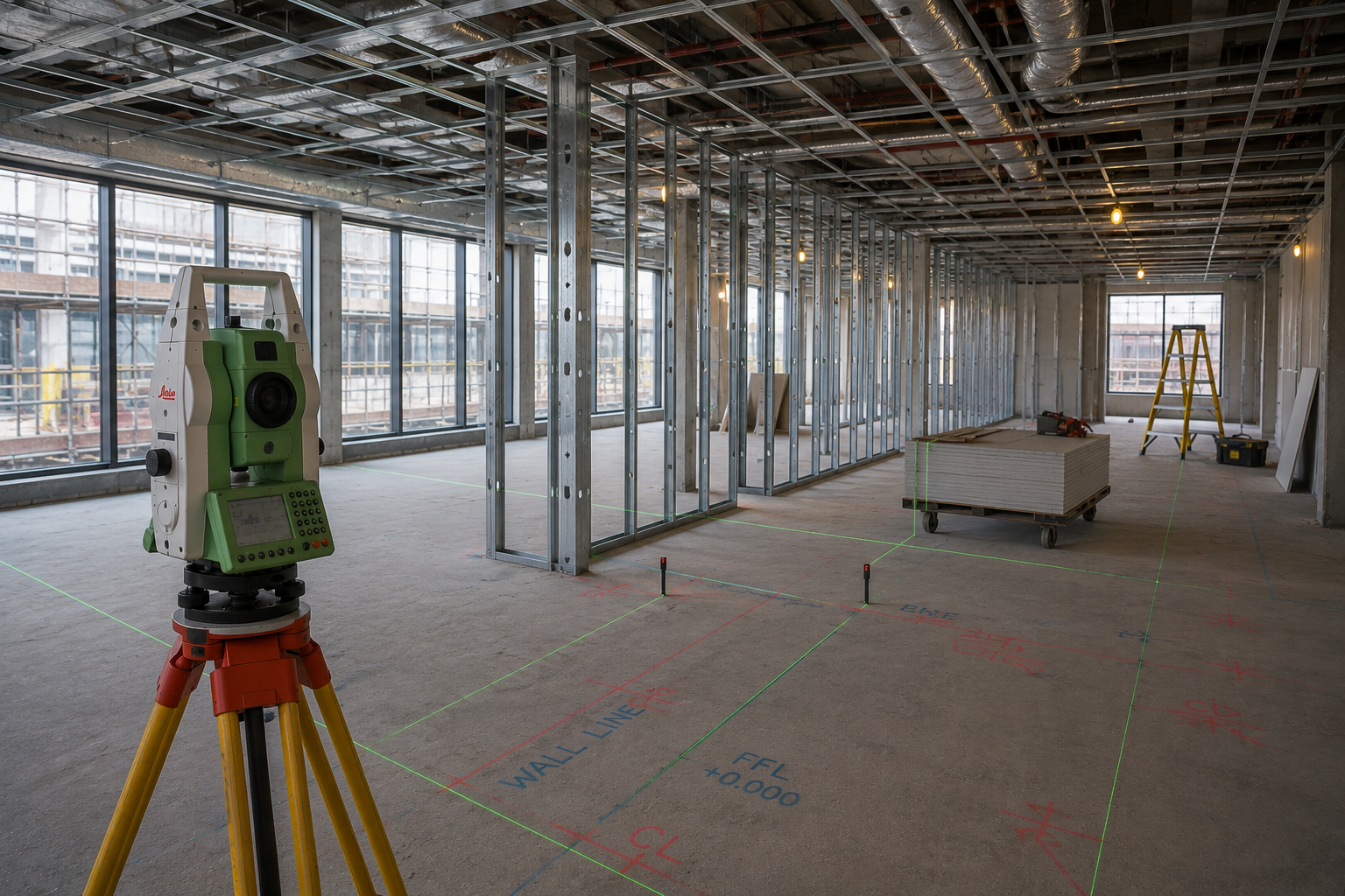 Construction site in an unfinished building with metal framing, large windows, and construction tools, including a surveying instrument on tripod and a stack of drywall sheets.