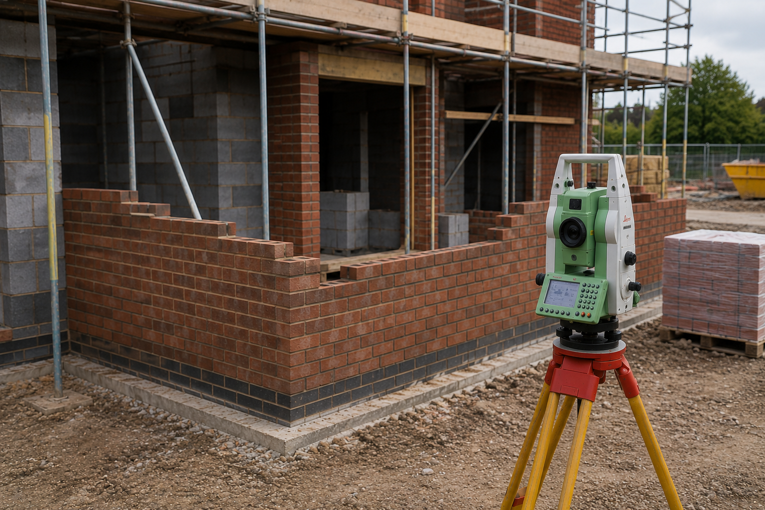 Construction site with brick walls, scaffolding, and a theodolite on a tripod.