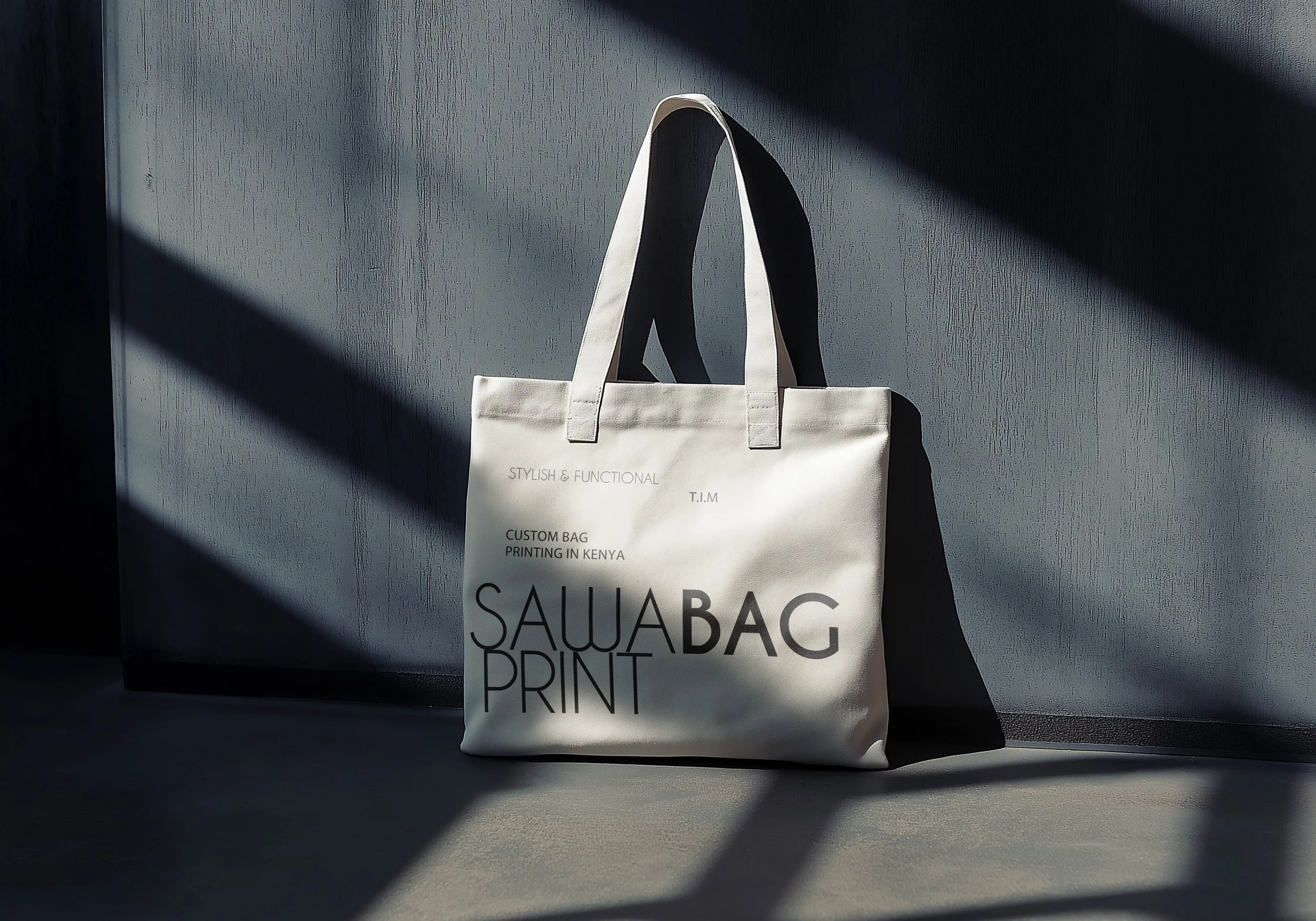 Canvas tote bag with 'SAWABAG PRINT' and 'Custom Bag Printing in Kenya' text, placed in sunlight against a textured gray wall.