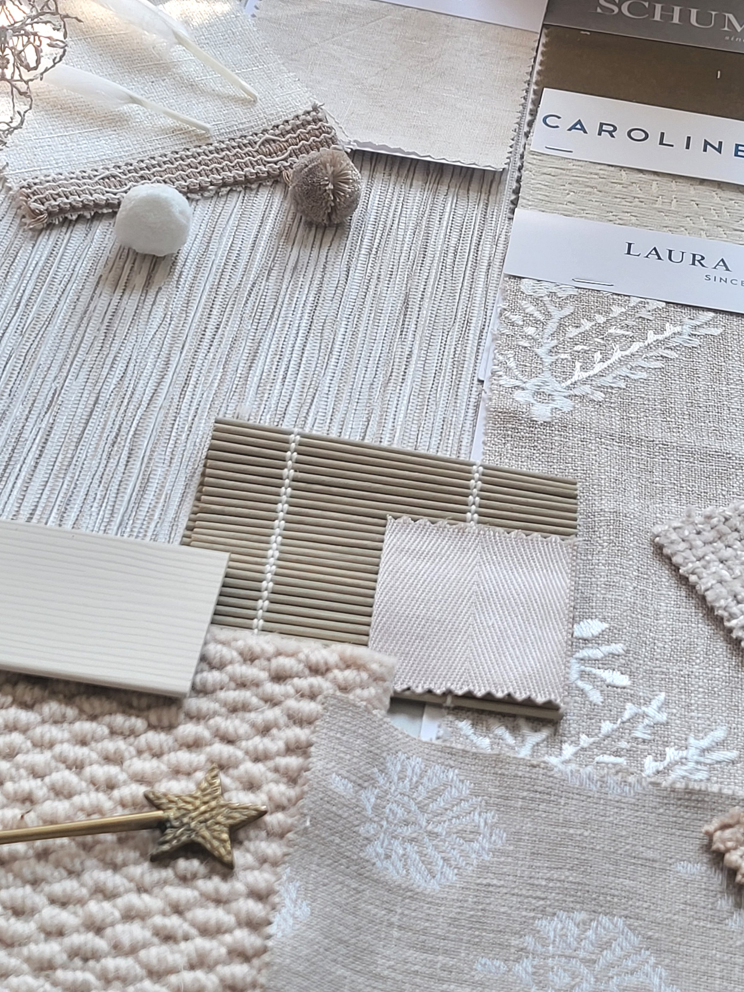 Neutrals, Taupe and soft whites colour palette with wallpaper, paint, fabric swatches and samples. Carpet & flooring samples.