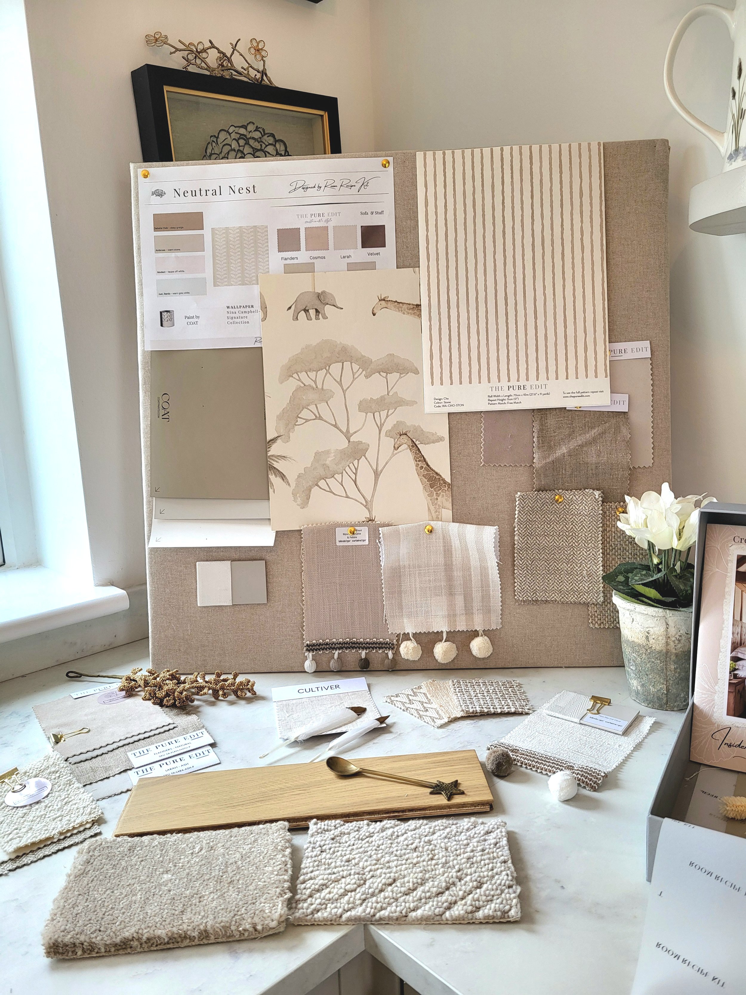 Taupes, Neutrals & soft warm Whites colour palette with wallpaper, paint, fabric swatches and samples. Carpet & flooring samples.