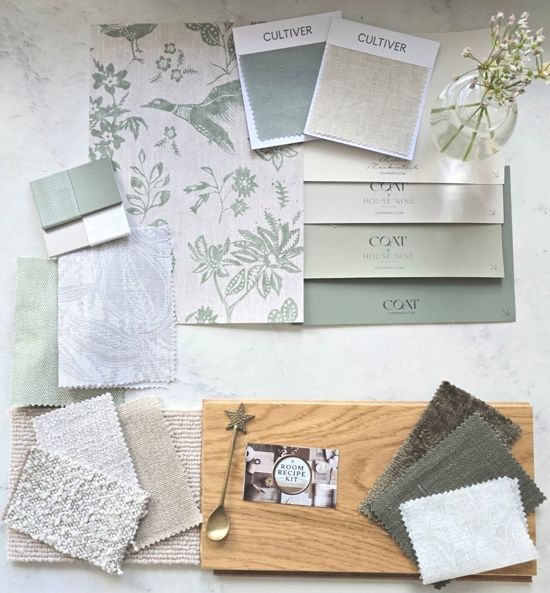 Greens & Neutral colour palette with wallpaper, paint, fabric swatches and samples. Carpet & flooring samples.