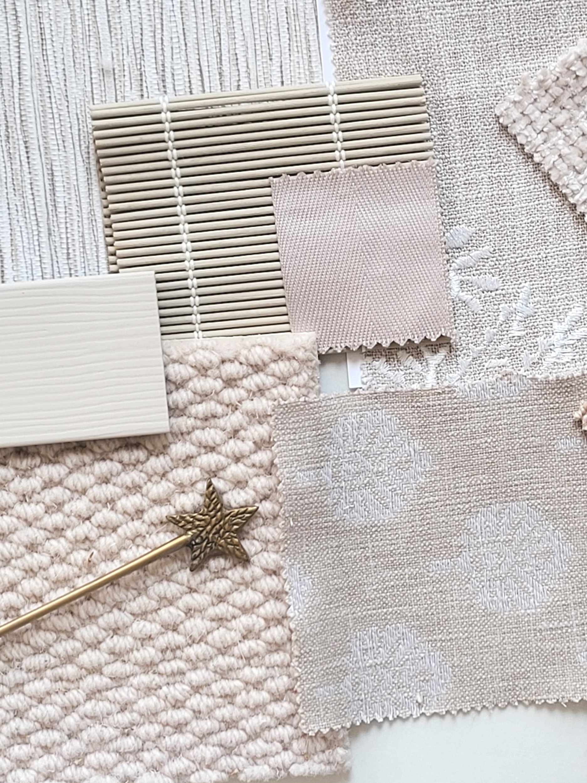 Neutrals, Taupe and soft whites colour palette with wallpaper, paint, fabric swatches and samples. Carpet & flooring samples.