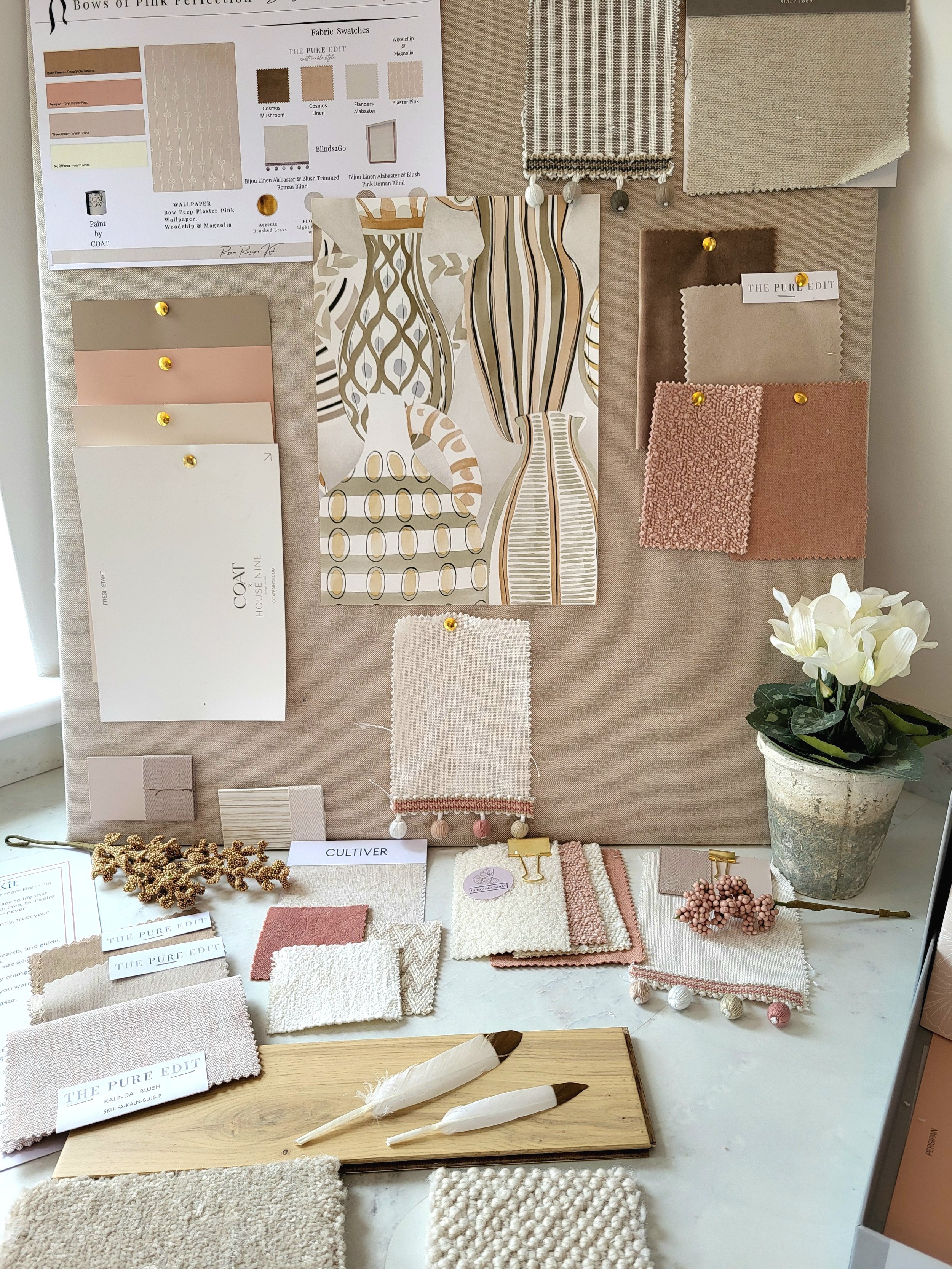 Taupes,Soft Pinky Peach, Nude,Soft Gold & Ivory colour palette with wallpaper, paint, fabric swatches and samples. Carpet & flooring samples.