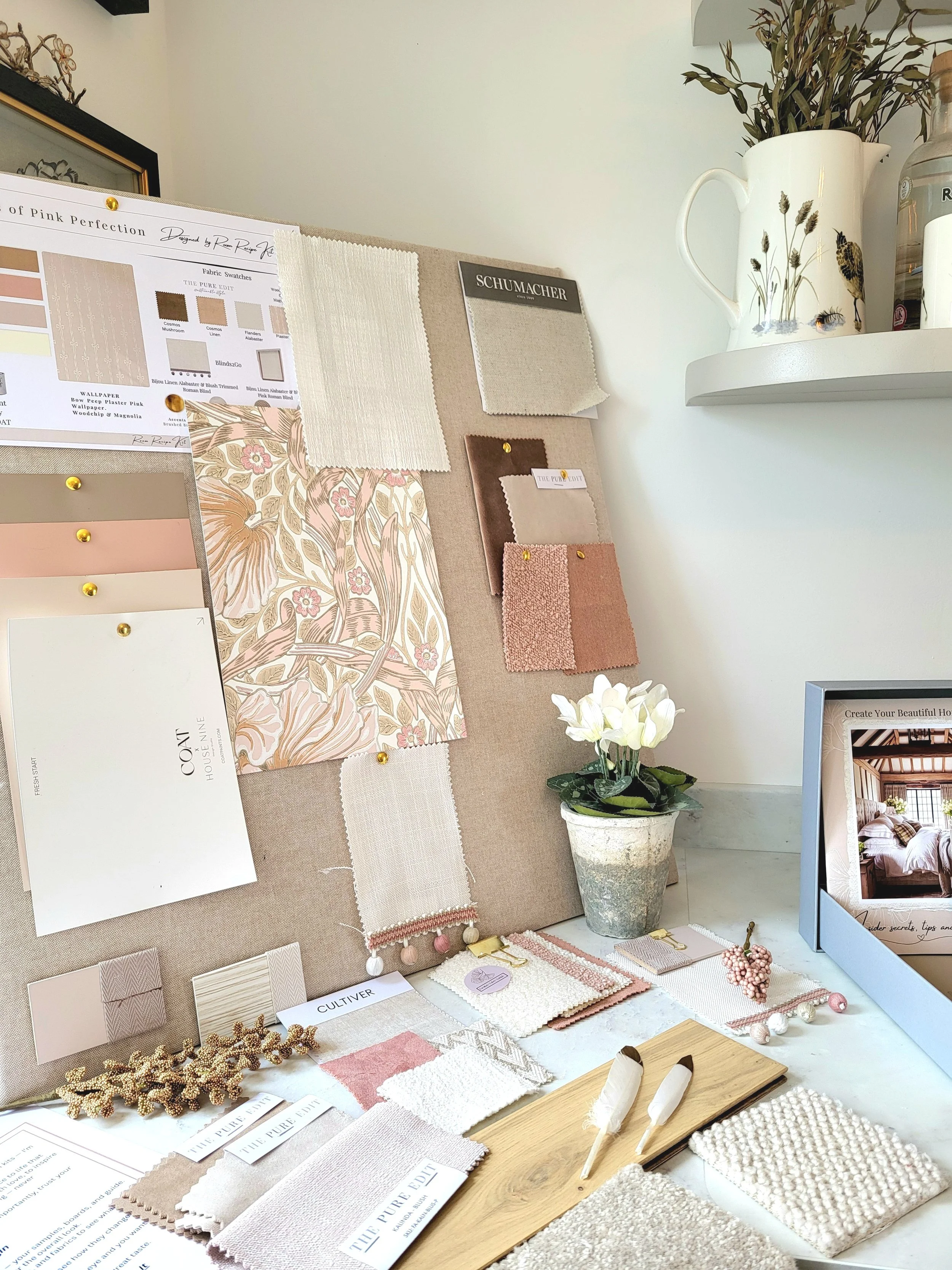 Nude and pinky Peach colour palette for with wallpaper, paint, fabric swatches and samples. Carpet & flooring samples.