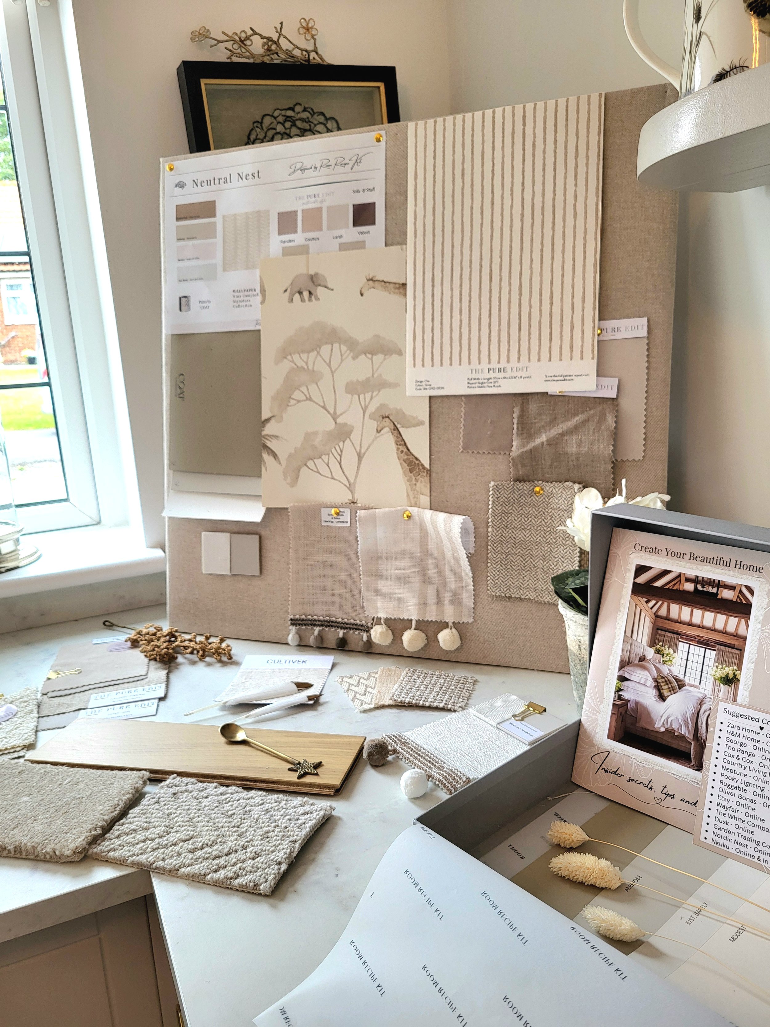 Taupes, Neutrals and soft warm White colour palette with wallpaper, paint, fabric swatches and samples. Carpet & flooring samples.