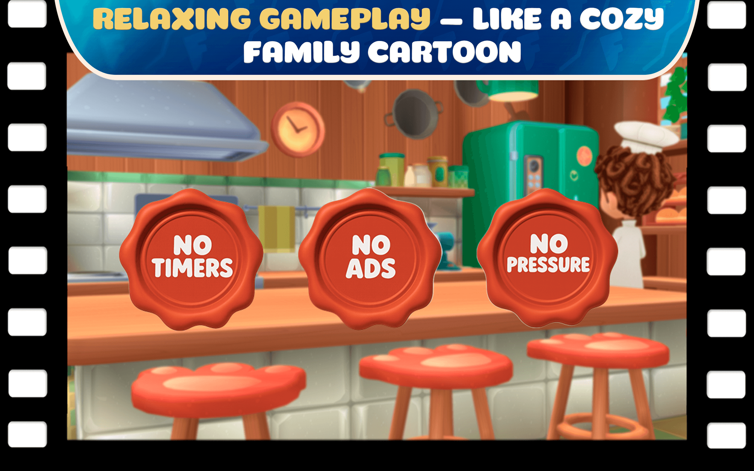 A colorful cartoon kitchen scene with three red seals displaying text: 'NO TIMERS,' 'NO ADS,' and 'NO PRESSURE.' The background includes a clock, pot, jars, a green refrigerator, and a chef with curly brown hair.