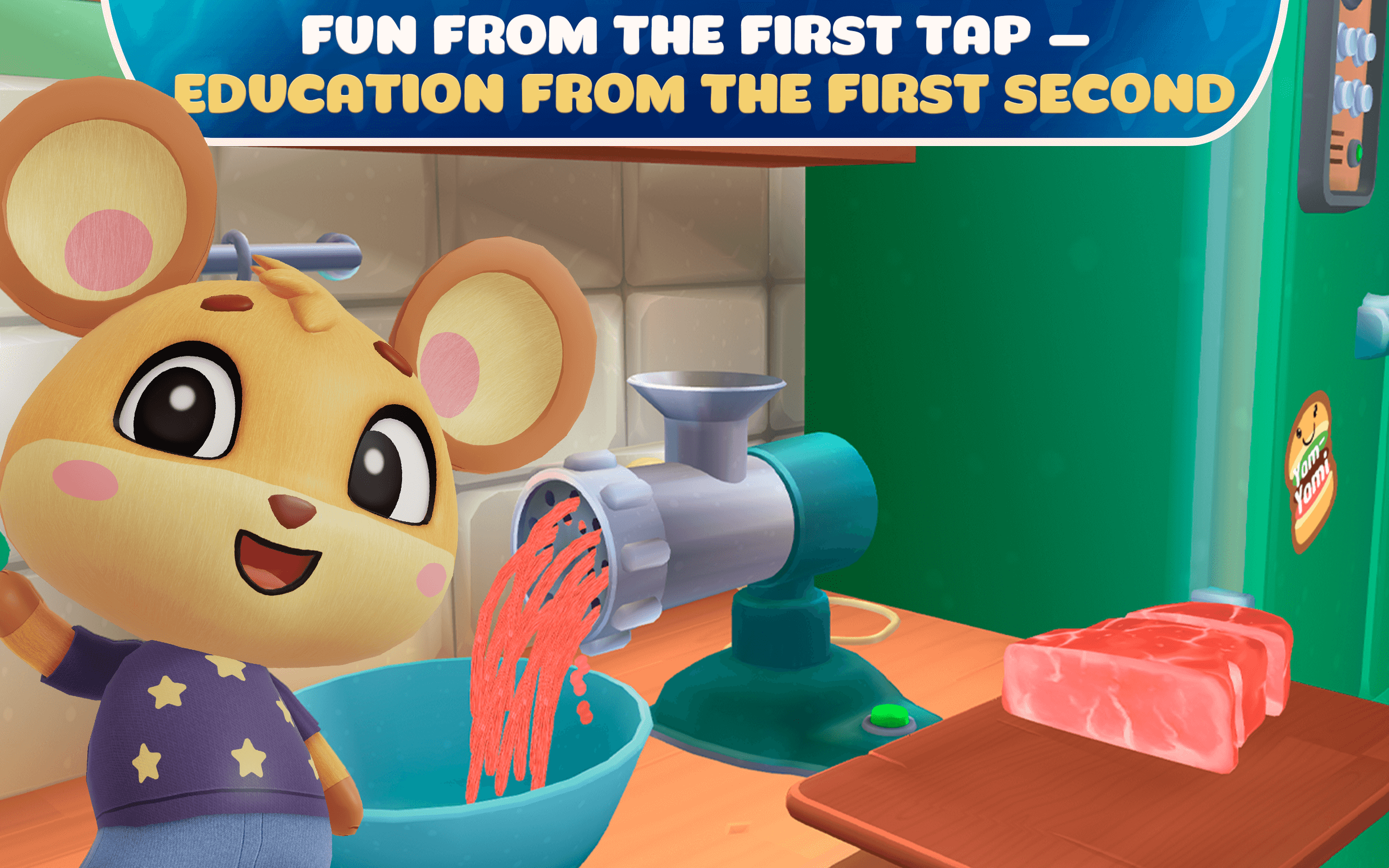 Animated scene featuring a cute mouse character in a kitchen, using a meat grinder to process meat into a bowl, with two pieces of meat on the counter and a green refrigerator in the background.