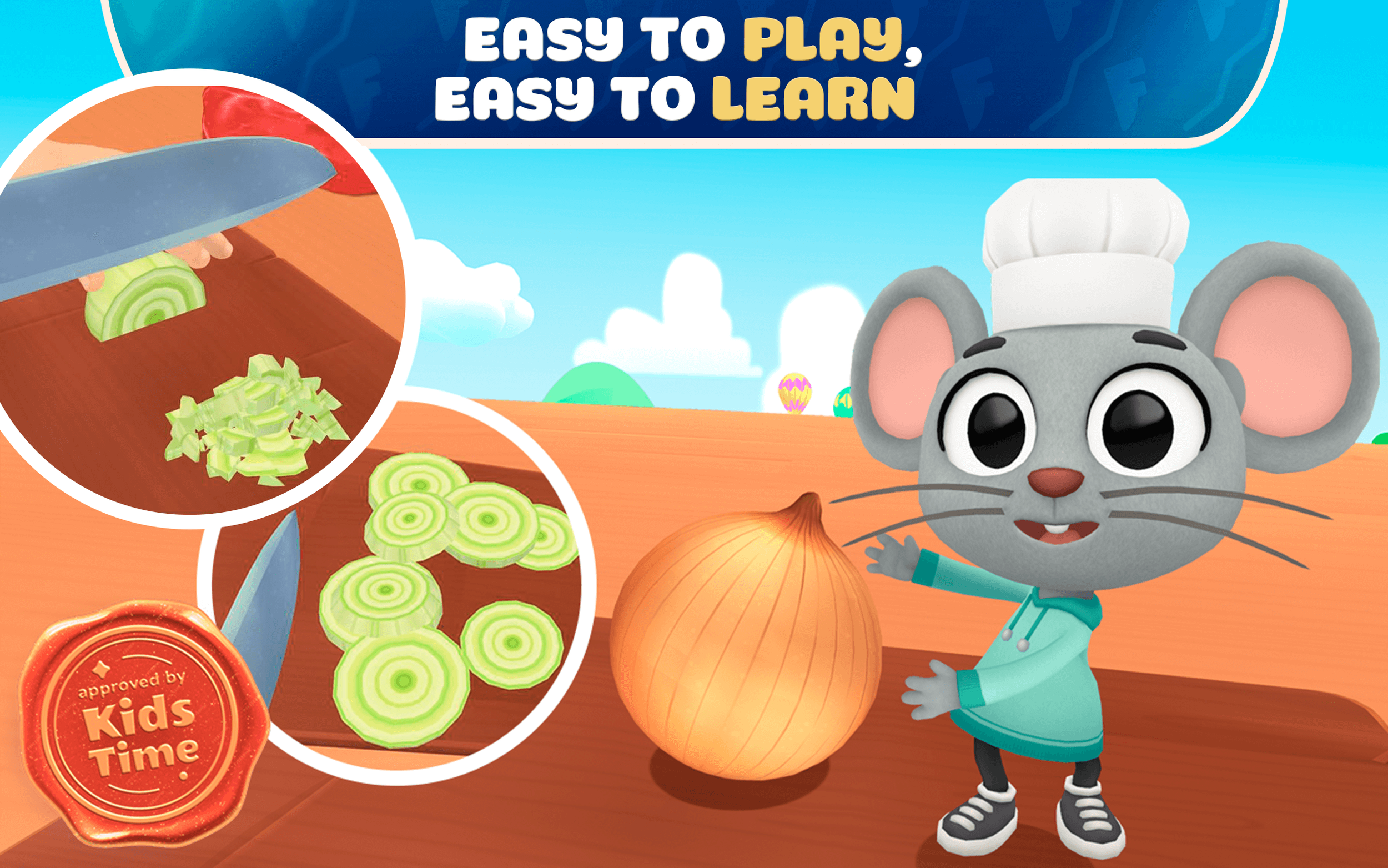 Cartoon mouse chef with gray fur, large eyes, wearing a chef's hat and a blue hoodie, standing next to a whole onion, with ingredient images of sliced cucumbers and chopped onions in circles.